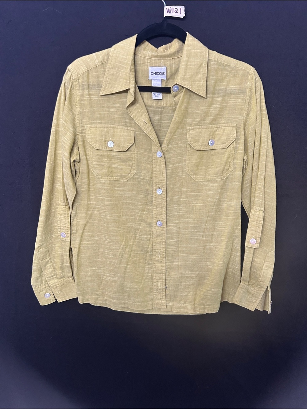 Women’s Chico’s Chartreuse Utility Shirt Cotton Button Down Top Size 0